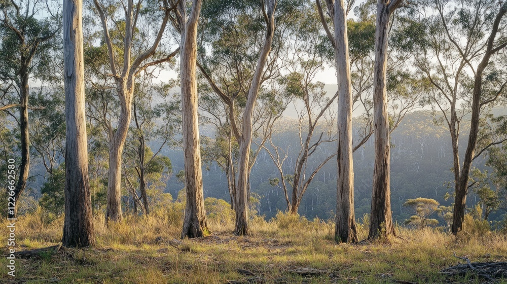 Serene Forest Landscape with Tall Eucalyptus Trees and Soft Light Serene Forest Landscape with Tall Eucalyptus Trees and Soft Light