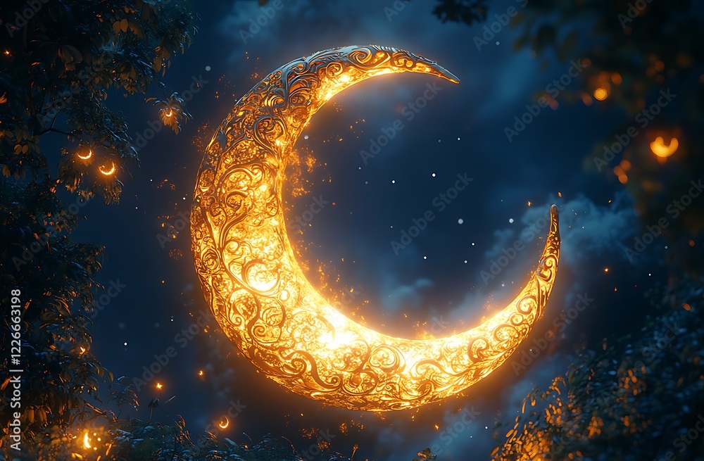 Glowing Crescent Moon Amidst Starry Night Sky with Twinkling Lights and Foliage
Glowing Crescent Moon Amidst Starry Night Sky with Twinkling Lights and Foliage