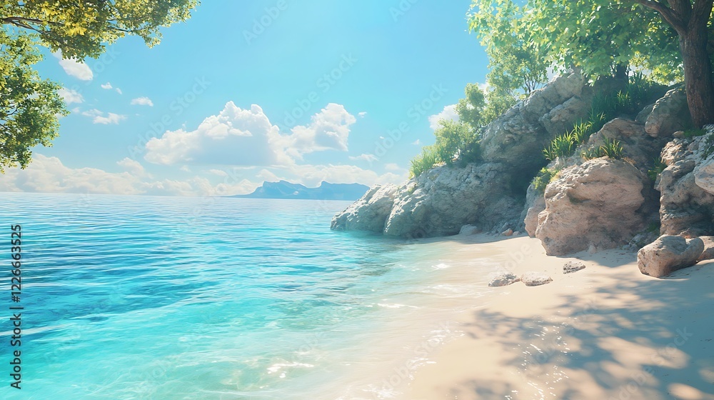 Fototapeta premium Stunning tropical beach turquoise waters forested hillside under gentle sunrise glow