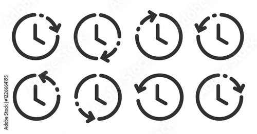 Time clock history back arrow ui interface icon vector graphic element set, reverse timer line outline stroke, past period interval stopwatch sign symbol simple pictogram, rotation backward clip art
