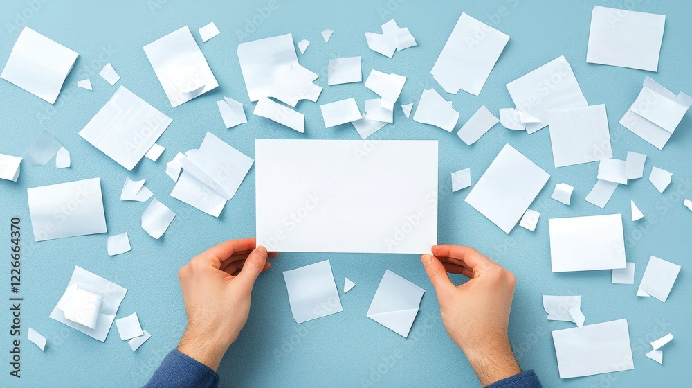 A pair of hands holds a blank card surrounded by scattered white paper pieces on a blue background. A pair of hands holds a blank card surrounded by scattered white paper pieces on a blue background.
