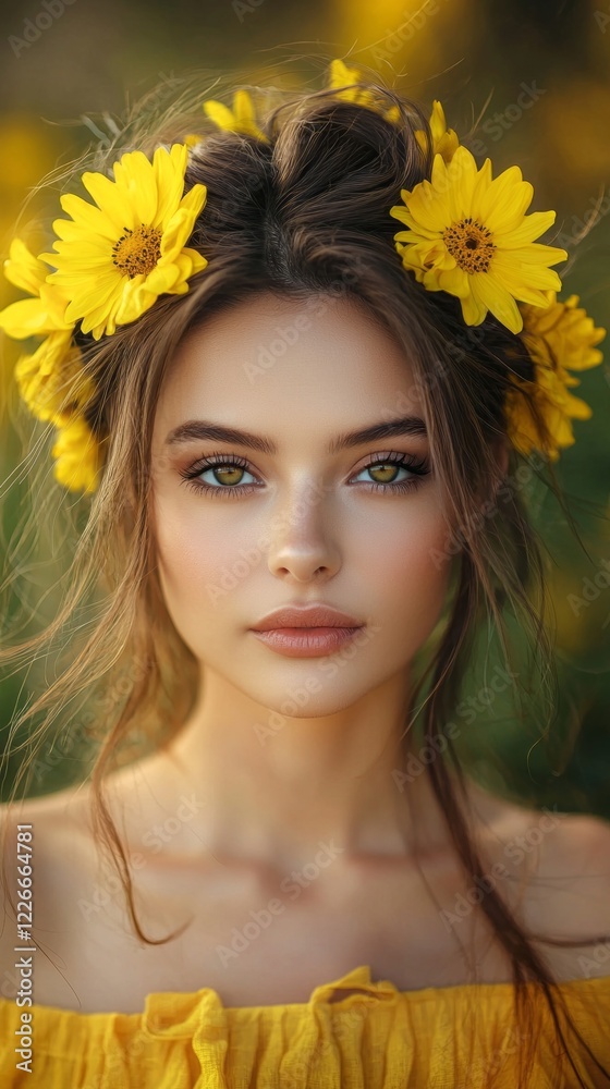 Fototapeta premium A woman with a yellow flower headband and yellow dress. She has a yellow flower in her hair