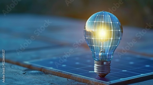A light bulb is lit up and placed on top of a solar panel. Concept of innovation and sustainability, as the light bulb is powered by the sun.
