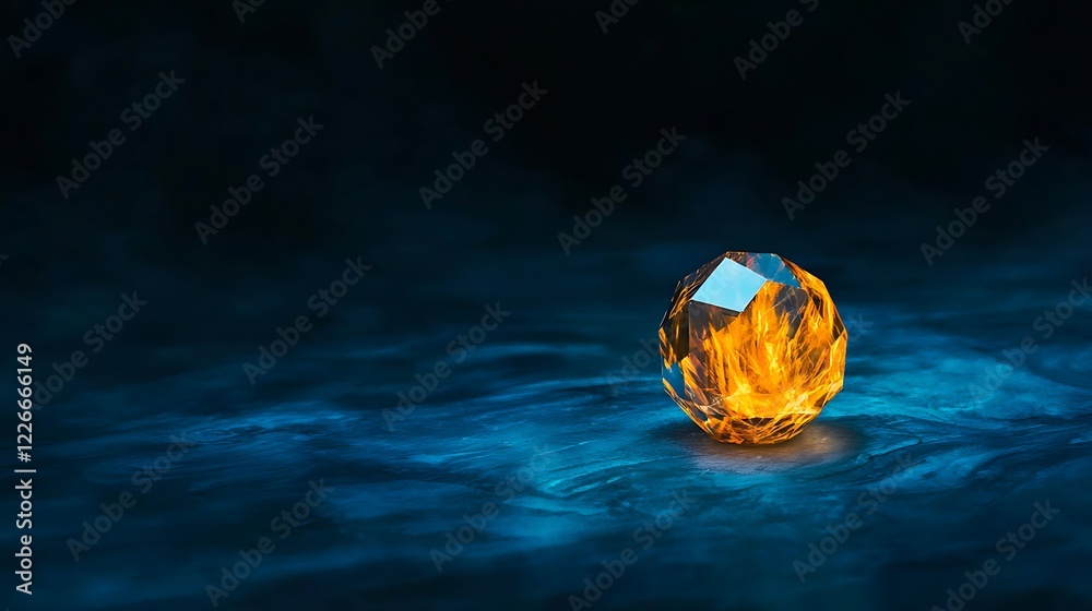 Fototapeta premium Orange Crystal Sphere on Blue Water Background