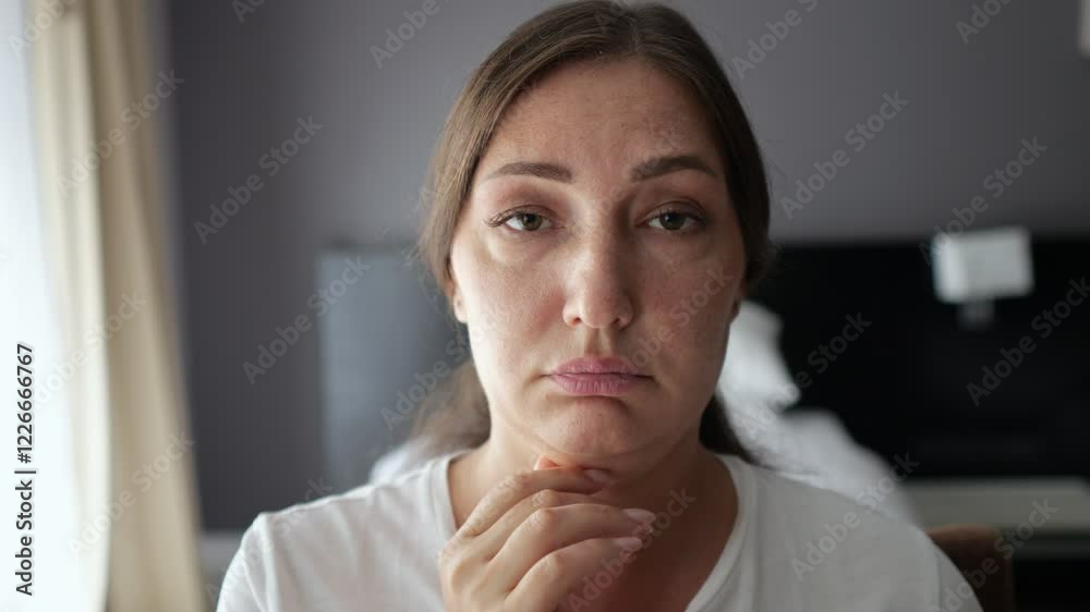 Woman examines neck sagging skin looking closely in mirror