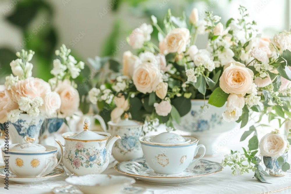 Elegant floral arrangement adorns a delicate porcelain tea set. Elegant floral arrangement adorns a delicate porcelain tea set.