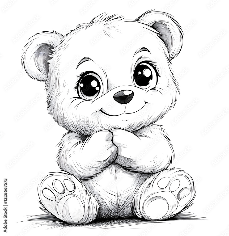 Fototapeta premium cute teddy bear with big eyes, smiling and holding its paws together in an adorable pose. Coloring page for kids