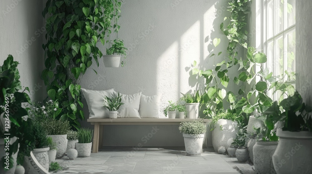 A chic Scandinavian entryway with a stylish wooden bench, neutral decor, and carefully arranged houseplants A chic Scandinavian entryway with a stylish wooden bench, neutral decor, and carefully arranged houseplants
