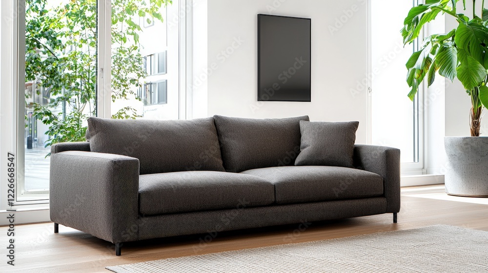 Fototapeta premium Couch in modern living room interior with plant in corner and stylish decor elements for contemporary design