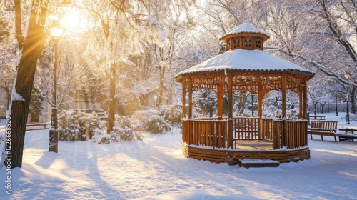 Snowy park gazebo sunrise winter landscape