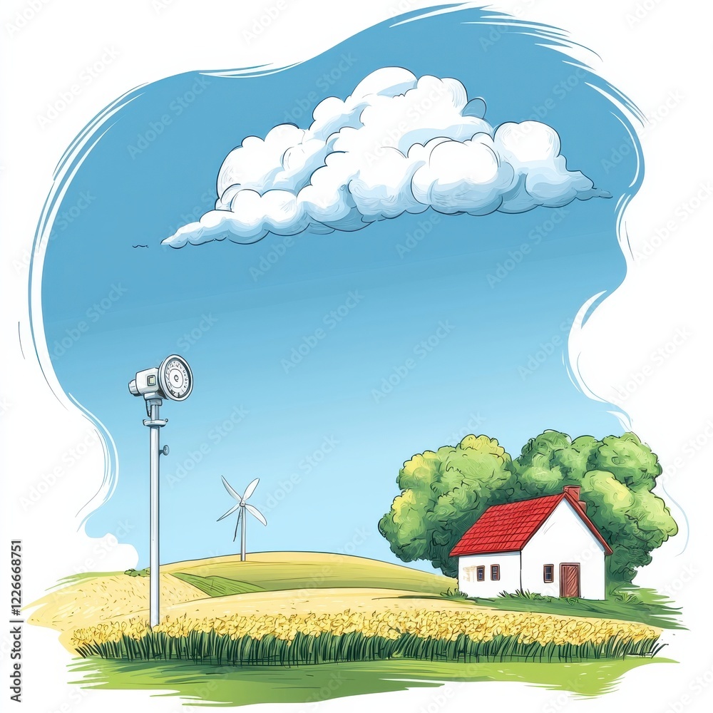 Fototapeta premium Peaceful Landscape with Wind Turbine and Clouds