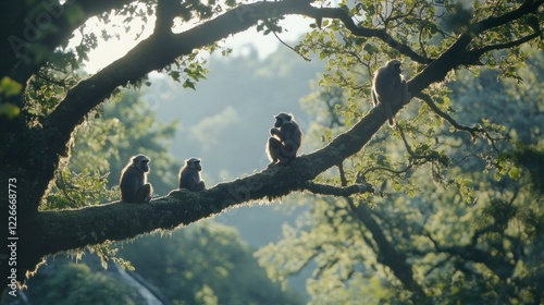 Four monkeys perched on a moss covered tree branch in natural setting