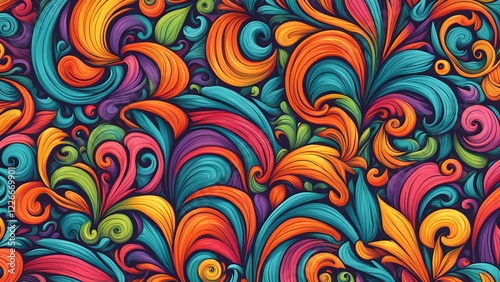 Vibrant seamless pattern with swirling, colorful floral elements in a vivid, psychedelic style.