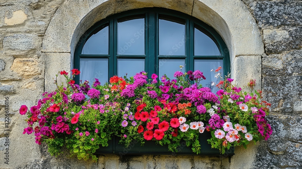 Naklejka premium A historical stone building with an arched window, overflowing with vibrant spring flowers in a peaceful village