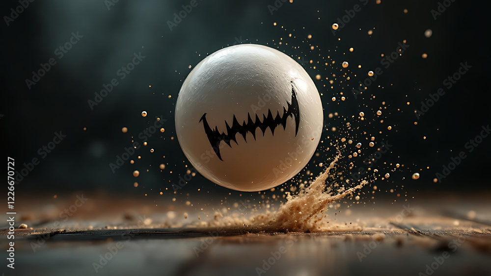 Fototapeta premium A white ball with black teeth with a delicate texture flying through an explosion of water on a dark background.