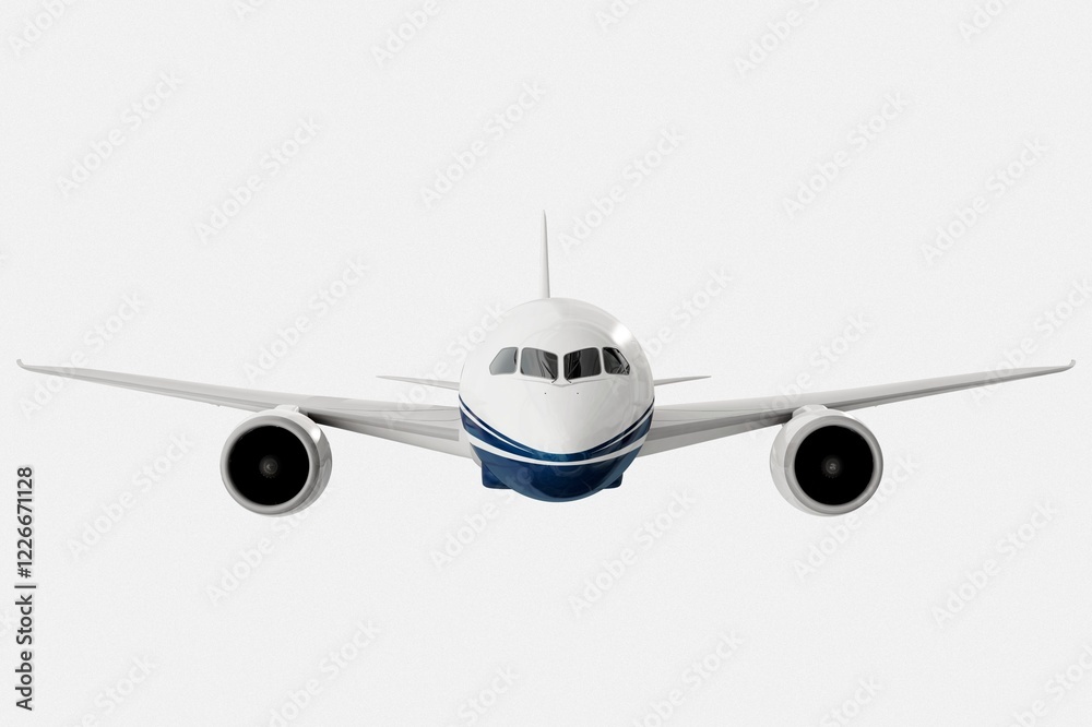 Flying aircraft, 3D vehicle illustration in white and blue Flying aircraft, 3D vehicle illustration in white and blue