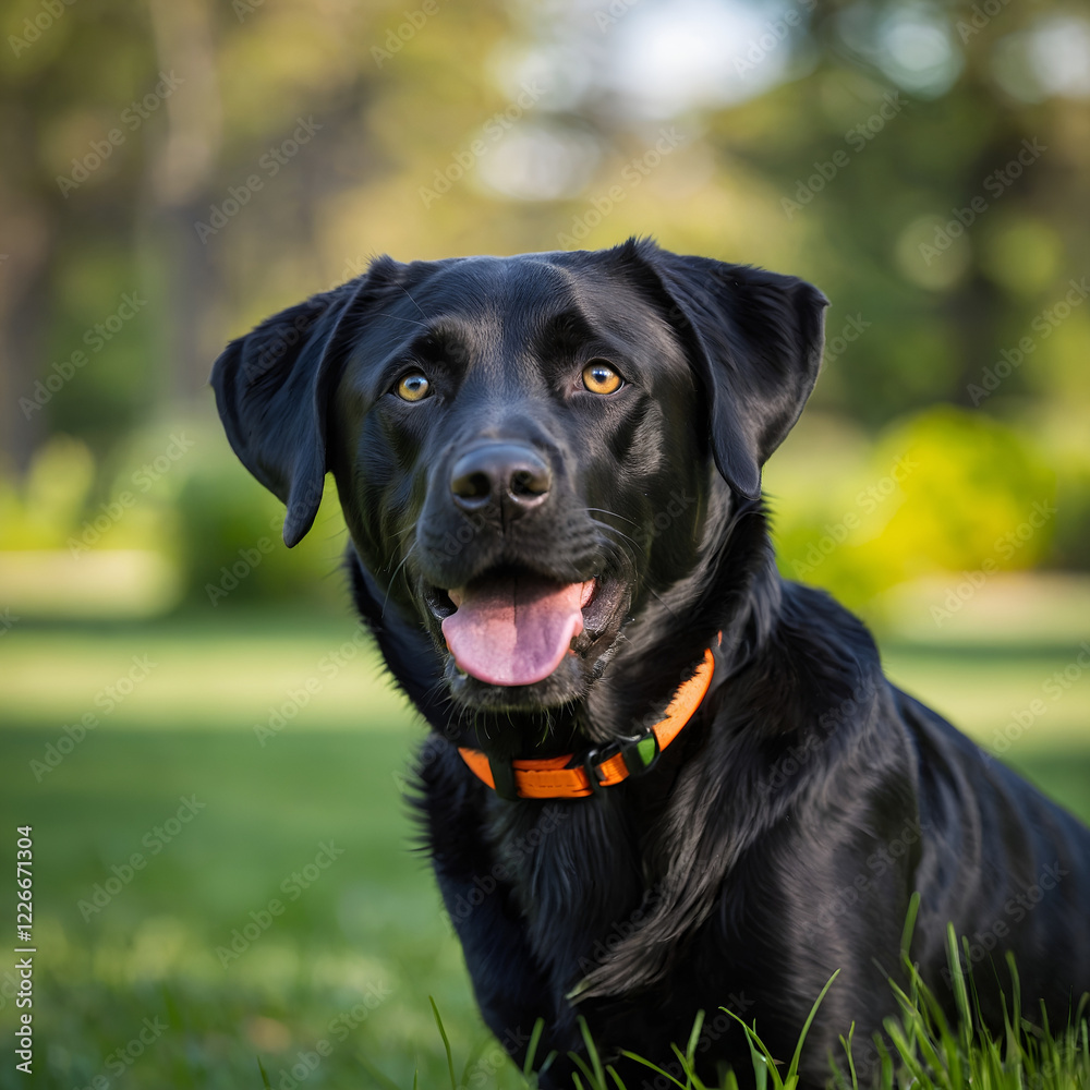 Friendly black Labrador Retriever with a joyful expression, outdoors in a grassy field Friendly black Labrador Retriever with a joyful expression, outdoors in a grassy field