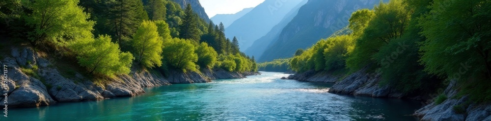 River flowing through a mountain gorge with steep cliffs, forest, landscape River flowing through a mountain gorge with steep cliffs, forest, landscape
