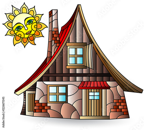 Stained glass illustration with rustic houses, houses isolated on a white background