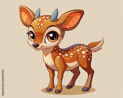 shy baby deer with big eyes and tiny spots on a light tan background