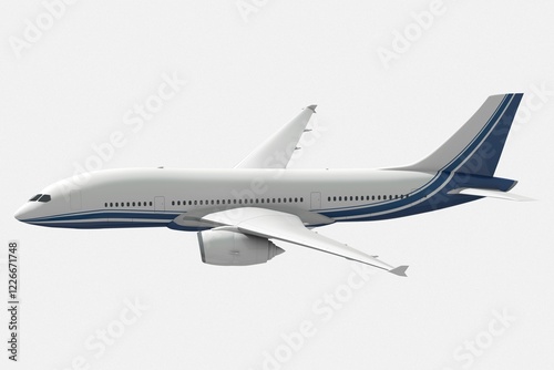Flying airplane, 3D realistic vehicle in white