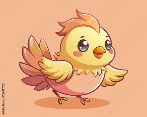 Golden chick with big cartoon eyes flapping