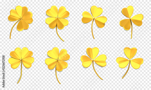 Gold clover icons with three and four leaves. 3D trefoil and quatrefoil leaves. Shamrock symbol of lucky and Irish holiday St. Patrick Day. Design elements isolated on a transparent background
