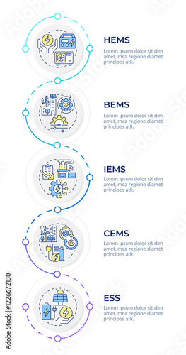 Energy consumption control systems infographic design template. Power production. Data visualization 5 options. Process vertical flow chart. Montserrat SemiBold, Lato Regular fonts used photo