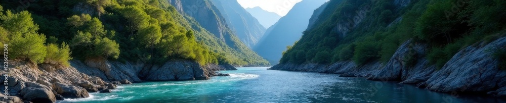 River flowing through a mountain gorge with steep cliffs, water, landscape, nature River flowing through a mountain gorge with steep cliffs, water, landscape, nature