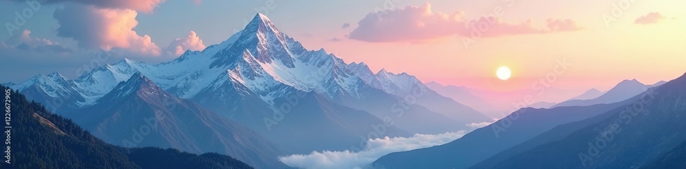 A majestic mountain range with towering white clouds and a hint of red sun in the background, landscape, vast, scenery A majestic mountain range with towering white clouds and a hint of red sun in the background, landscape, vast, scenery