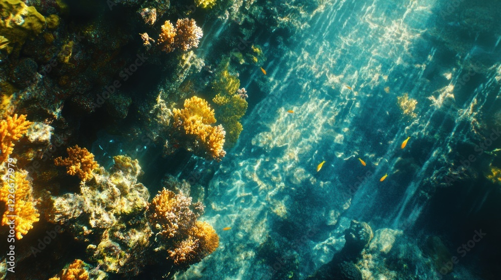 Naklejka premium Underwater scene showcasing vibrant coral reefs and colorful fish in clear blue water.