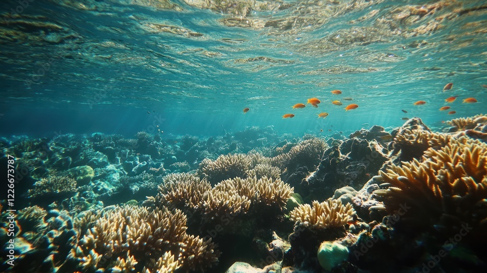 Fototapeta premium Underwater scene showcasing vibrant coral reefs and fish in clear blue water.