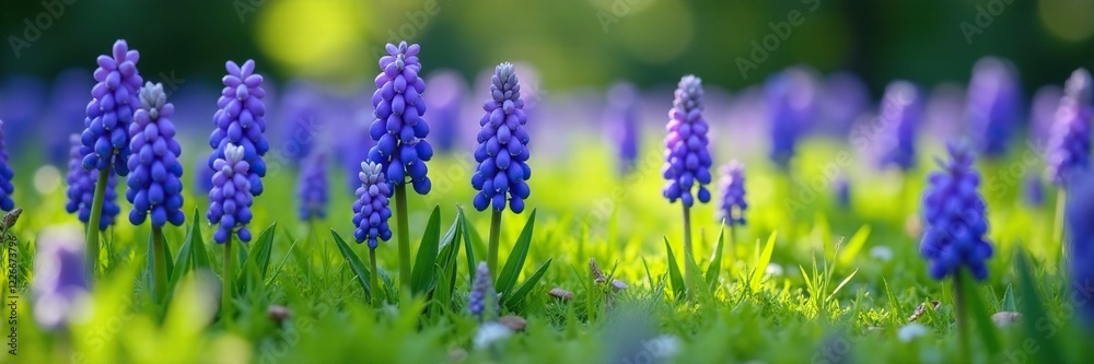 Muscari grape hyacinth in a field with green grass, field of flowers, muscari flowers Muscari grape hyacinth in a field with green grass, field of flowers, muscari flowers