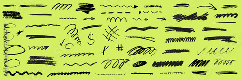 Line curve with texture crayon chalk. Scribble hand drawn set underline black on green background. Underline curve crayon chalk set, Vector illustration