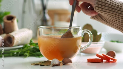 Stir the bone broth in a transparent glass cup. Hot high-calorie, fatty lunch. Collagen from bones. Healthy nutrition. Food for beauty. Fat Keto diet. Dish base. hot soup. Super Food. Boiled Bones