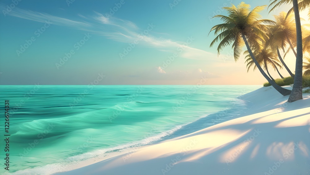 Fototapeta premium Crystal-clear turquoise water, a soft gradient in the sky, and shadows cast by palm trees on the sand. 