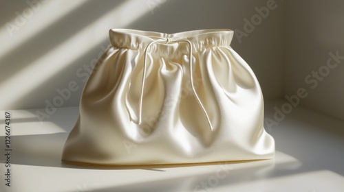 White silk drawstring bag on surface, with shadow stripes, used for product display