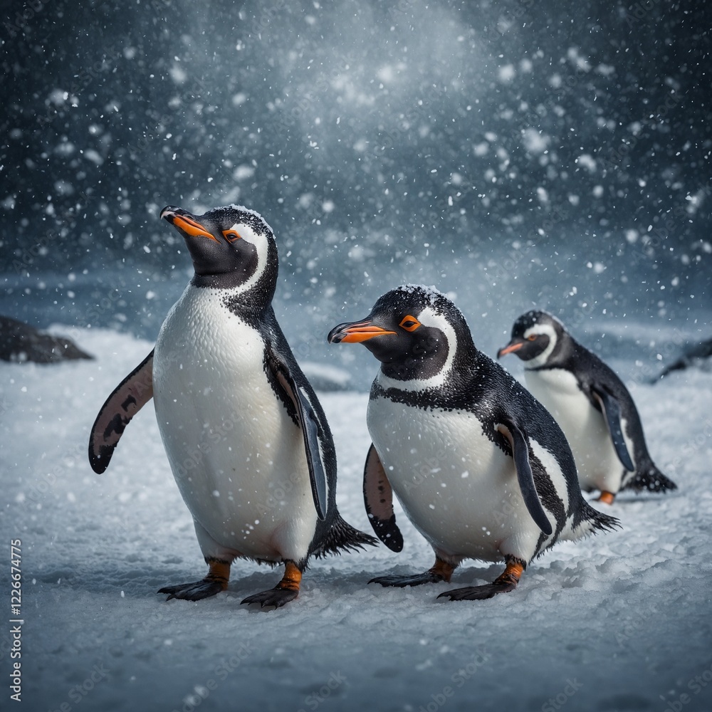 Obraz premium A penguin-themed winter wonderland scene with floating snowflakes.