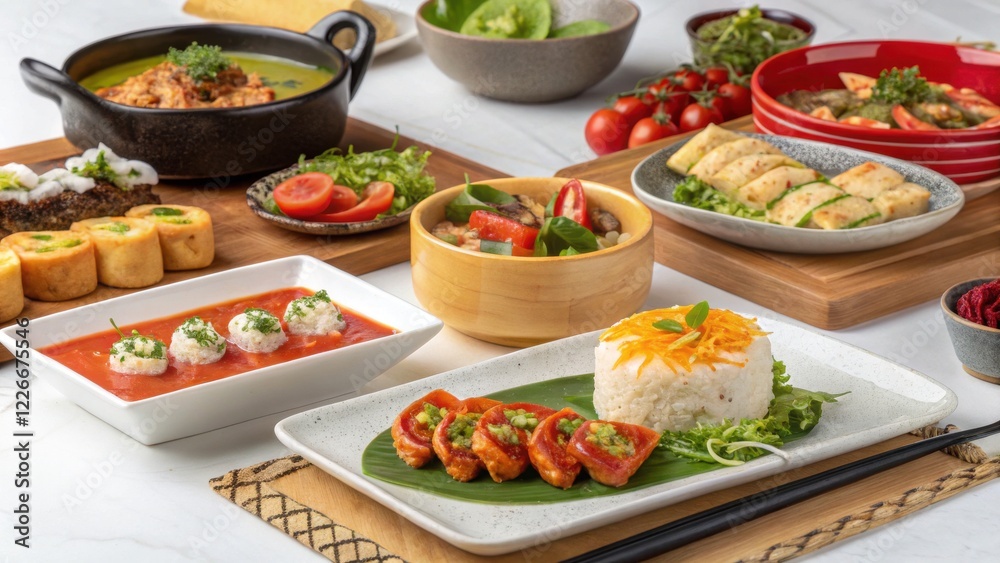 Table with assorted dishes and food menu set for realistic culinary photography Table with assorted dishes and food menu set for realistic culinary photography
