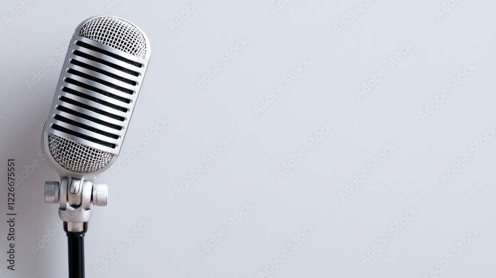 Fototapeta premium Retro microphone on stand, light grey background, podcasting concept