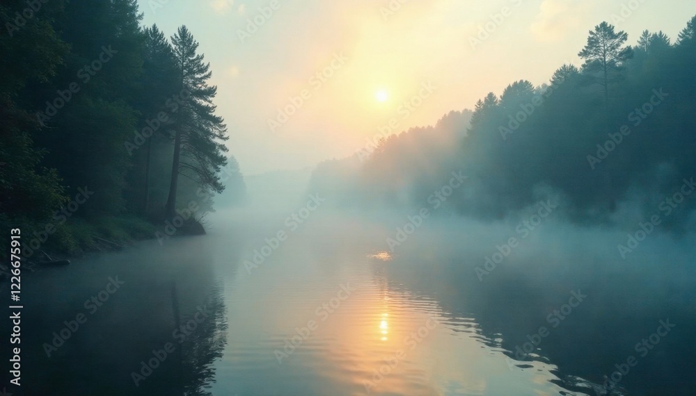 River's surface shrouded in thick fog, yet sunlight dances on distant trees, forest, atmosphere, nature River's surface shrouded in thick fog, yet sunlight dances on distant trees, forest, atmosphere, nature