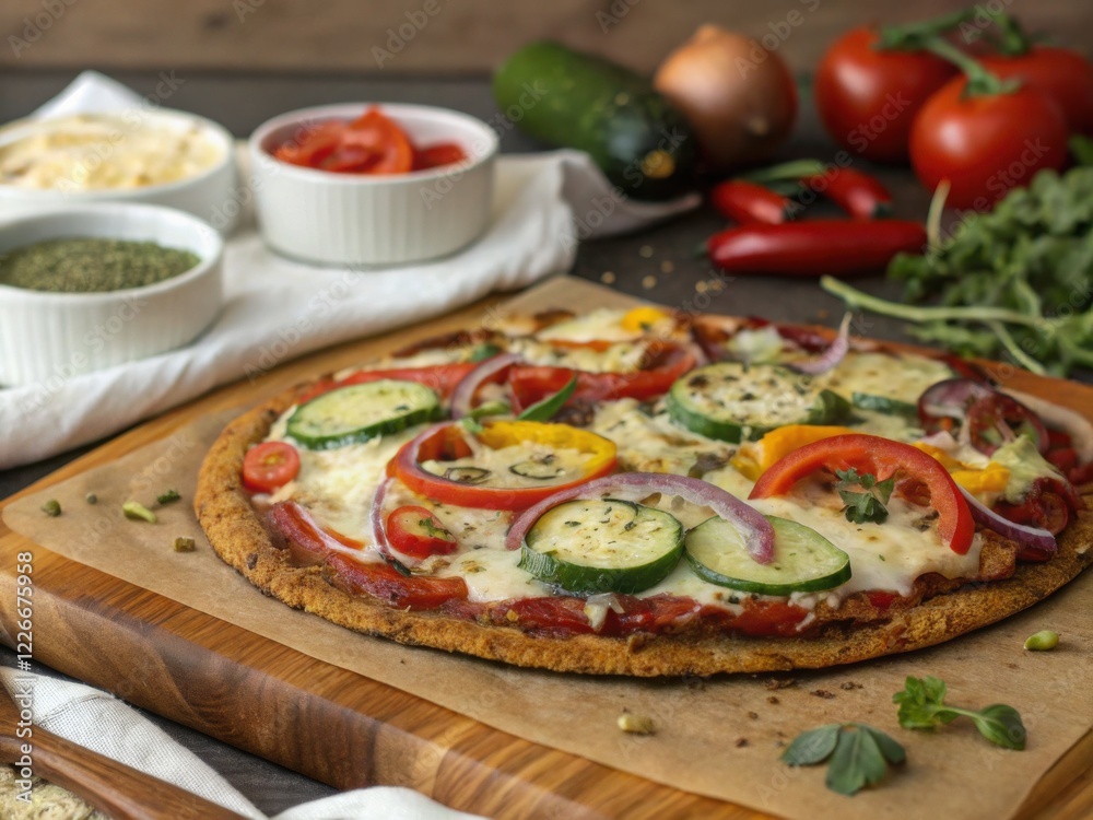 Pizza topped with tomatoes cucumbers cheese and keto-friendly ingredients on a wooden table Pizza topped with tomatoes cucumbers cheese and keto-friendly ingredients on a wooden table