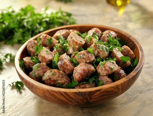 Colorful meatballs on a bed of fresh vegetables, topped with garlic breadsticks. Served in a wooden bowl. Authentic Italian cuisine.