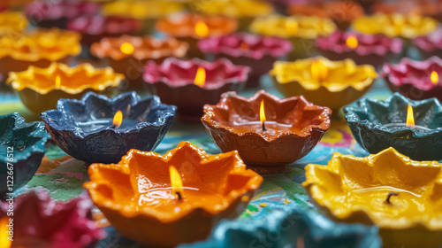 A close-up of colorful clay oil lamps (diyas) in a symmetrical pattern, glowing warmly with flickering flames. The background features blurred Rangoli designs and vibrant marigold flowers photo