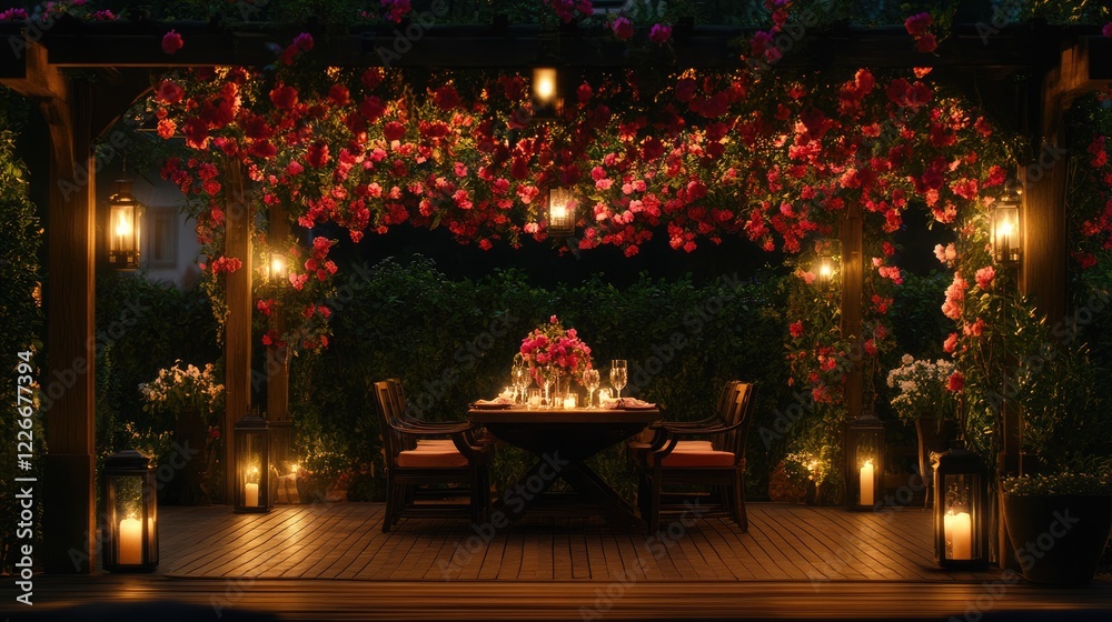 Obraz premium A rustic wooden deck with a flower-covered pergola, a cozy outdoor table, and soft lantern lighting