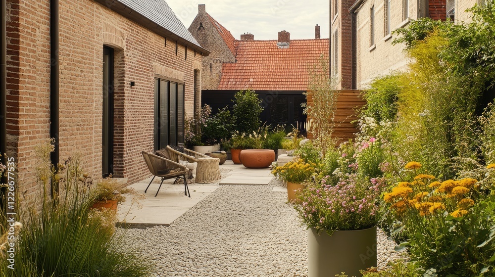 Obraz premium A Scandinavian-inspired outdoor terrace with a neutral color palette, simple flower pots, and a cozy seating area
