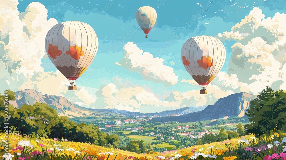 Fototapeta premium Colorful Hot Air Balloons Floating Over Scenic Mountain Landscape