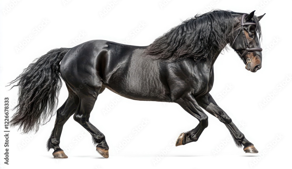 A full-body portrait of a majestic Arabian steed in motion, black Friesian horse galloping, side view isolated on a white background with a clipping path A full-body portrait of a majestic Arabian steed in motion, black Friesian horse galloping, side view isolated on a white background with a clipping path