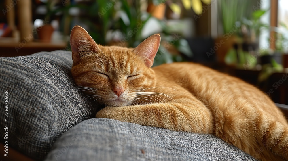 Obraz premium A ginger cat peacefully sleeping on a soft cushion in a warm, cozy living room.