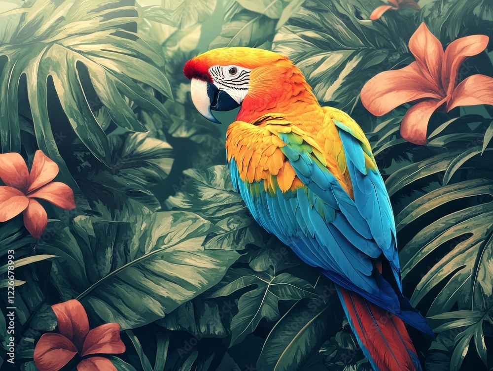 Fototapeta premium Vibrant Macaw Among Tropical Leaves and Exotic Flowers